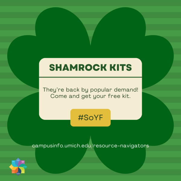 Graphic shows large shamrock leaf on striped green background. Text: Back by popular demand. Come and get your free kit. Additional text outlines details within event. U-M Wellness Wheel in lower left corner.