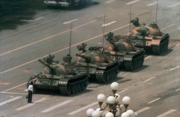 "Tank Man" temporarily stops the advance of Type 59 tanks on June 5, 1989, in Beijing.