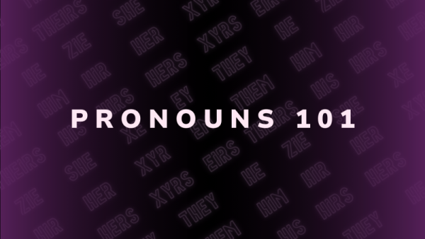 "Pronouns 101" on a field of pronouns