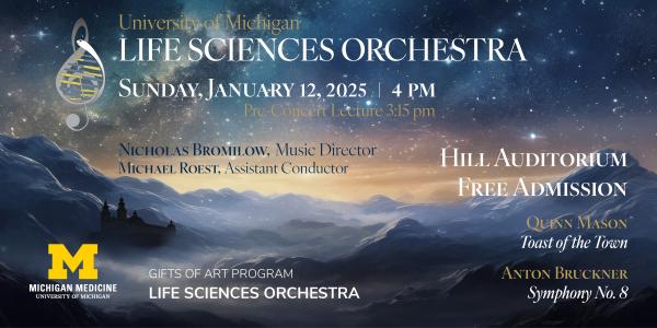 U-M Life Sciences Orchestra January 12 2025 concert graphich with starry night sky and concert details