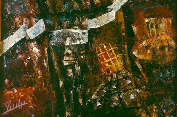 Untitled (a dark collage of images, including prison bars) by Izz el Din Hamza Elkheir Abd el Rahman, 2000, image courtesy of Ann M. Lesch.