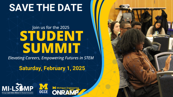 Image of students sitting in chairs at last year's summit. With the Student Summit date.