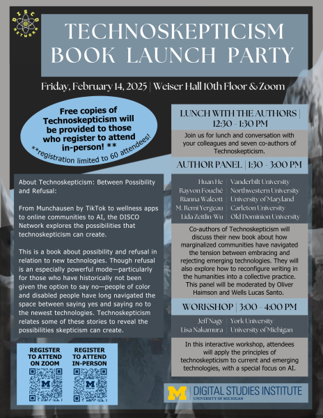 Promotional poster for the Technoskepticism Book Launch Party on February 14, 2025, featuring event details and registration information.