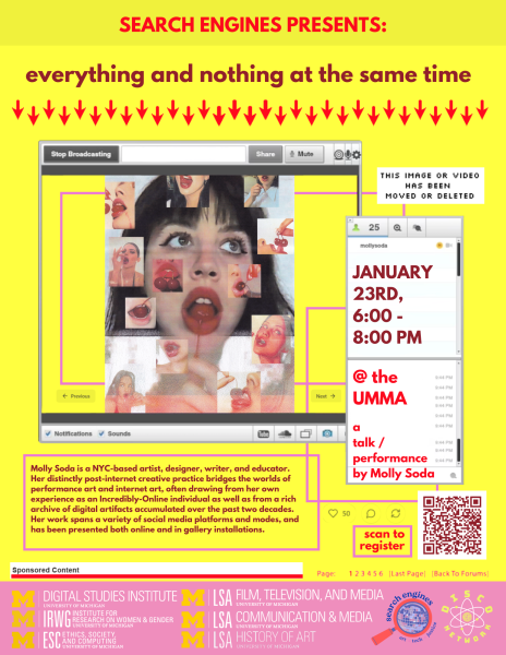 Yellow background with different Internet borders and graphics and a headshot of Molly Soda from her website.