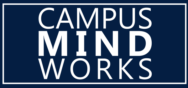 A blue rectangle with white lettering that states Campus Mind Works.