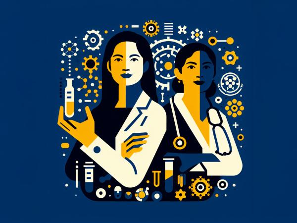 A graphic illustration of a female scientist holding a test tube and a female doctor with a stethoscope in U-M brand colors.  In the background are various scientific graphics.