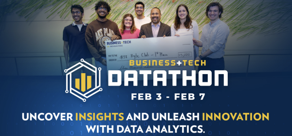 Graphic shows group of students and a large check presentation behind Datathon's event description & logo.