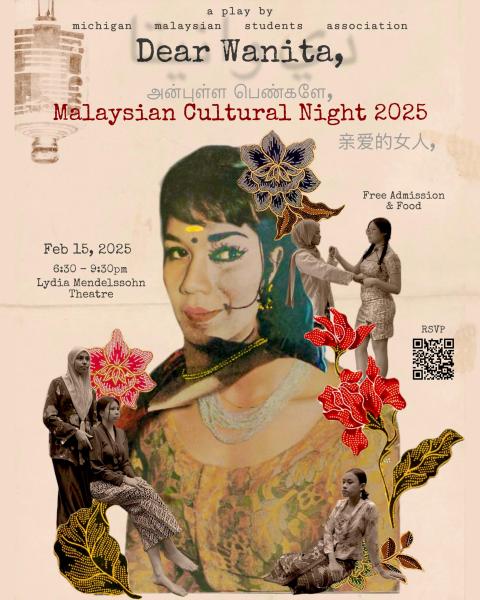 MCN2025 Dear Wanita, Official Poster depicts multiple women in sepia tones and a lotus-type flower; typewriter font outlines event details.