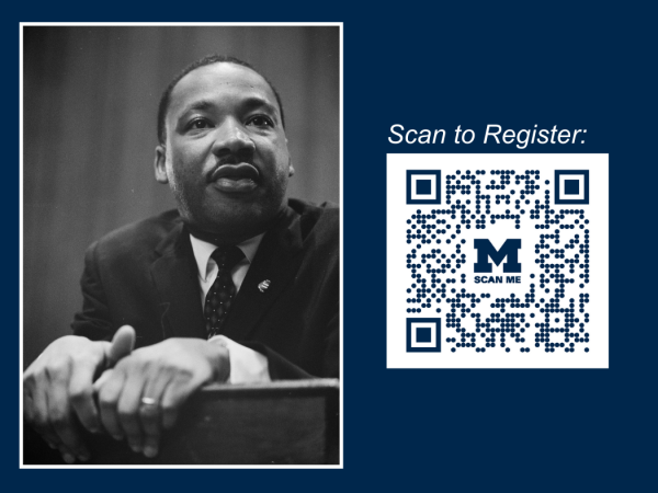 A headshot of Rev. Dr. MLK Jr., and a QR code to register for the event