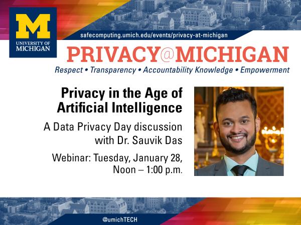 Privacy in the age of AI presentation with Dr. Sauvik Das from Carnegie Mellon University flyer with photo (details as presented).