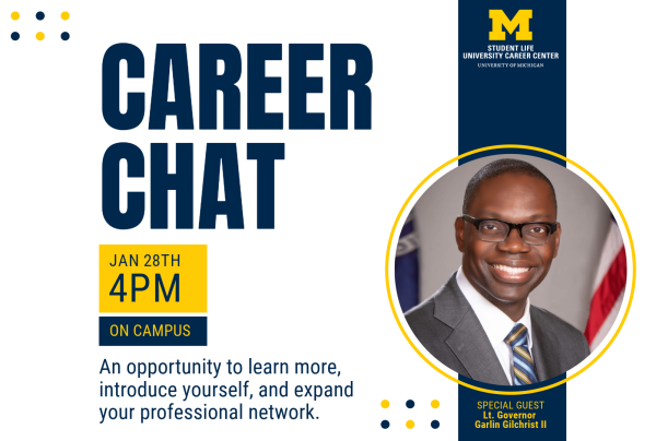 Promotional graphic for a "Career Chat" event with a photo of Lt. Governor Garlin Gilchrist II in a suit and event details.