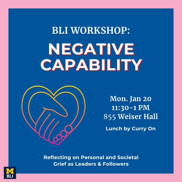 Blue square with pink border and an outlined image of hands and a heart. Text reads: Negative Capability: Reflecting on Personal and Societal Grief as Leaders & Followers and event info.