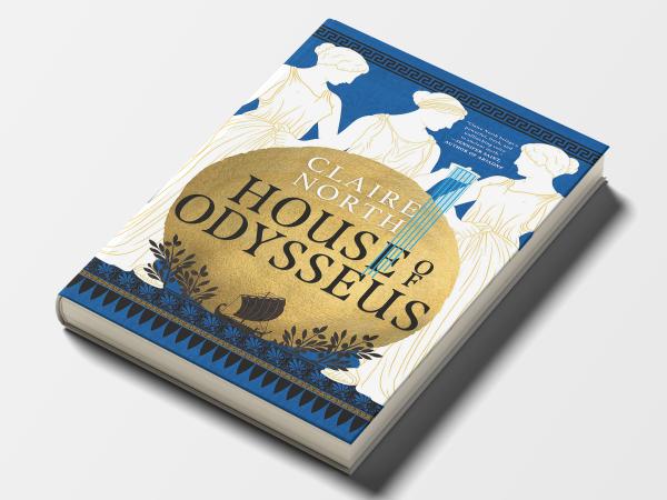 The cover of “House of Odysseus” by Claire North, which shows three faceless women, one of whom pours out a bowl of water over the title text.