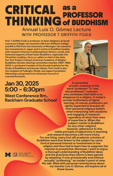 poster for Luis Gomez lecture featuring professor T Griffith Foulk