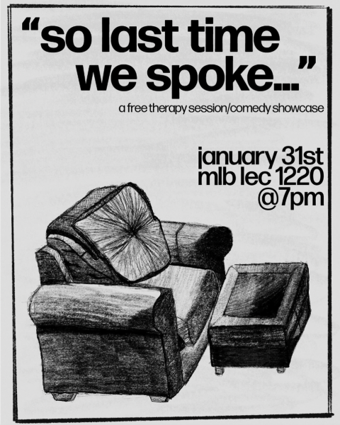A drawing of an arm chair with an ottoman, with the show title above and date with time.