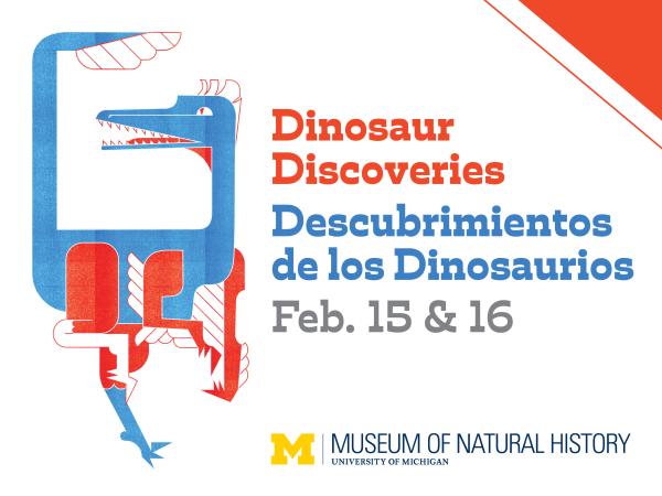 Stylized dinosaur illustration in blue and red with event content information in Spanish.