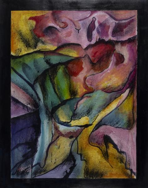 Painting feautred in annual exhibition, various red, pink, green, blue, and yellow colors are encapsulated in a Black frame