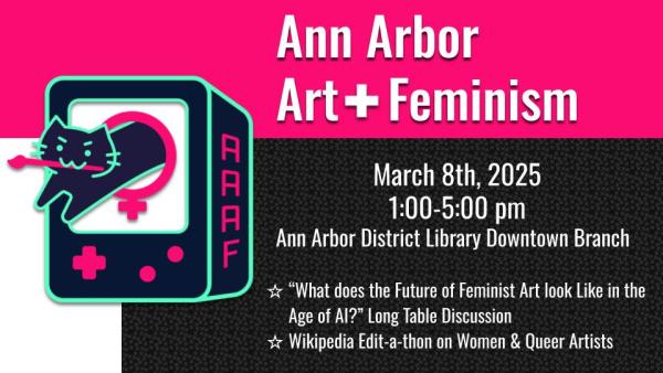 Cat jumping through a symbol of woman and with a paintbrush in its mouth, Ann Arbor Art + Feminism, March 8, 1 to 5 p.m. Ann Arbor District Library Downtown.