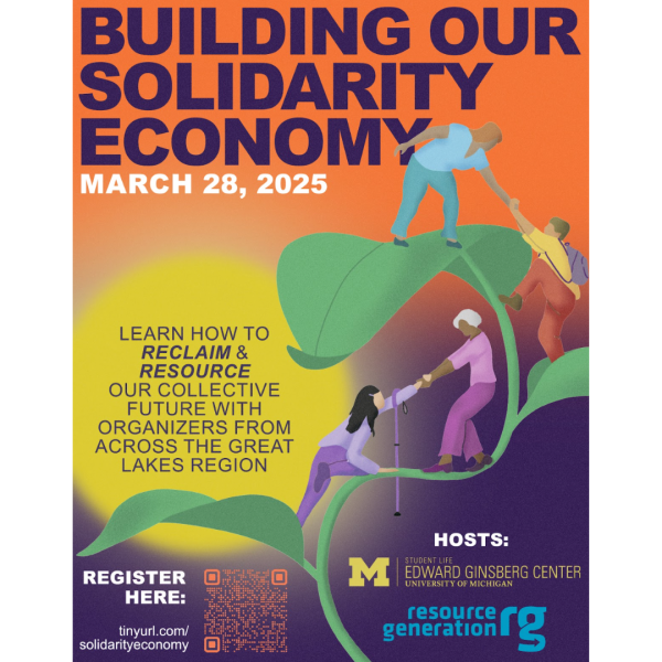 Poster for the conference showing people pulling others up toward the words Building Our Solidarity Economy