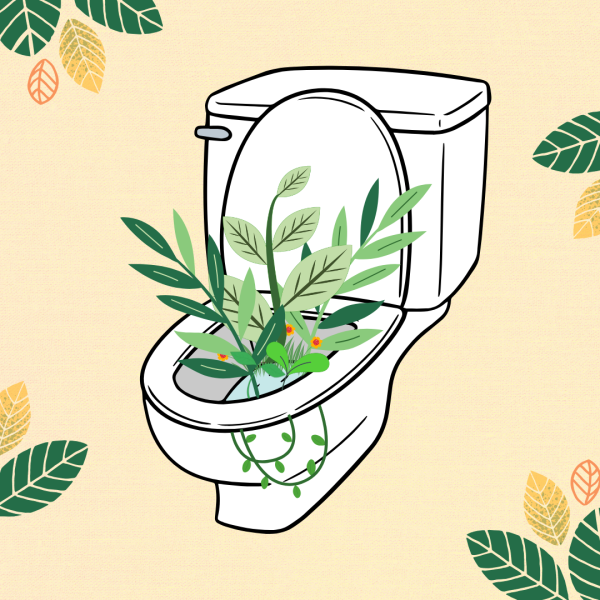 A clipart toilet, with plants growing and sprouting out of the toilet bowl.