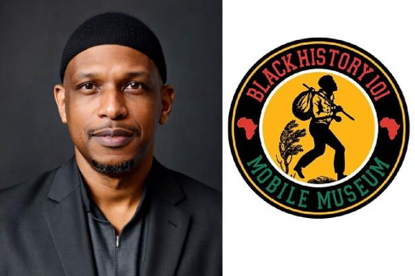 Dr. Khalid el-Hakim, and the logo of the Black History 101 Mobile Museum showing a Black man carrying a knapsack.