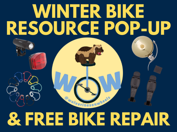 Blue background with yellow text "Winter Bike Resource Pop-Up and Free Bike Repair" with the image of WoW logo and available materials in the middle
