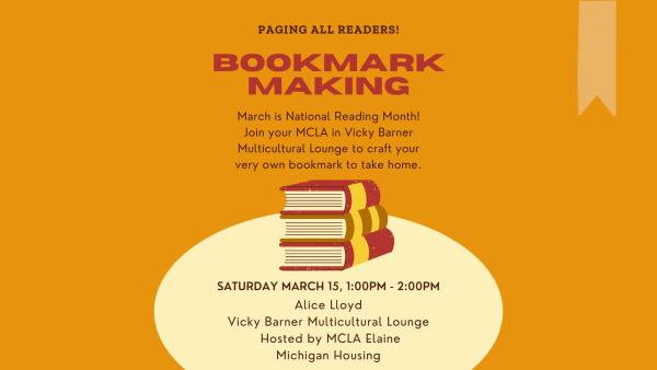 Orange background with imagery of books with words stating ‘Bookmark Making’
