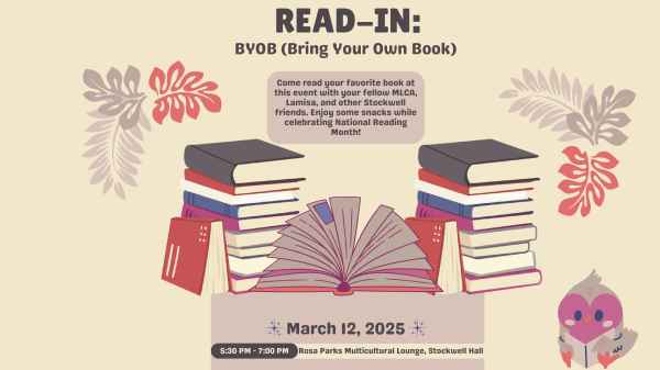 Tan background with flowers and books with words stating ‘Read in: BYOB (Bring Your Own Book)