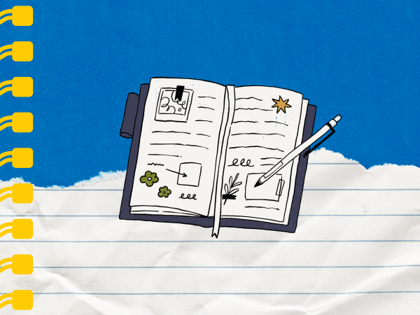 Illustrated journal and torn notebook motif