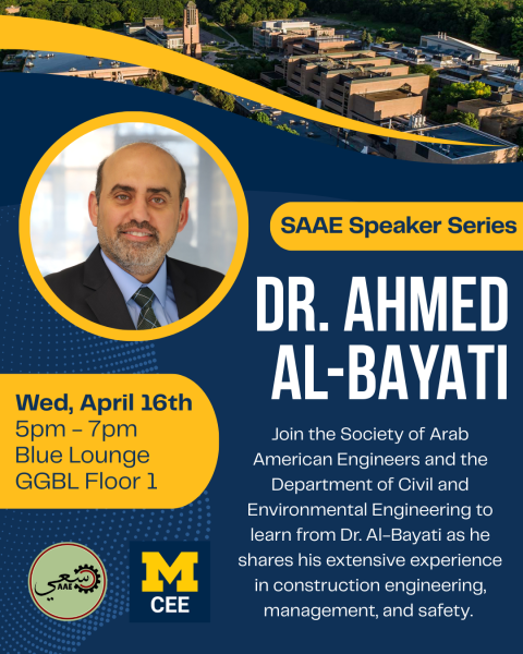 Flyer featuring Dr. Ahmed Al-Bayati's headshot, event date/time, event description, SAAE logo, and CEE logo.
