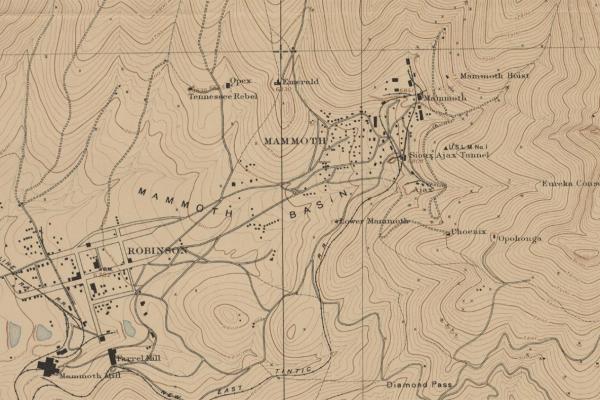 Portion of a Utah Tintic mining map, U.S. Geological Survey, 1898, showing mining locations around Mammoth and Robinson, Utah.