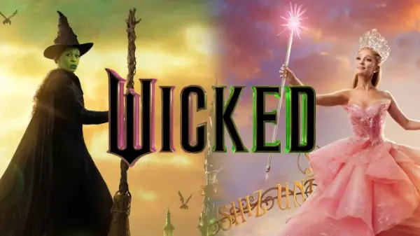The image features two contrasting characters from Wicked. On the left, a green-skinned woman in a black witch’s hat and dark cloak holds a wooden staff against a golden sky. On the right, a woman in a sparkling pink gown and crown holds a glowing wand against a pastel-hued sky. The title Wicked is displayed in the center with a bold, stylized font.