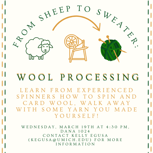 Images of sheep, wheel, ball of yarn. Learn to spin and card wool from experienced spinners. Contact kegusa@umich.edu for more info.