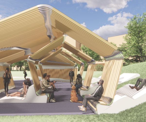 Open air design concept rendering - wooden slated, pentagon-shaped structure - for well-being pavilion to be built on North Campus.