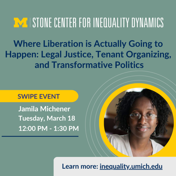 a square image on a sage green background announcing Jamila Michener's talk, Where Liberation is Actually Going to Happen: Legal Justice, Tenant Organizing, and Transformative Politics