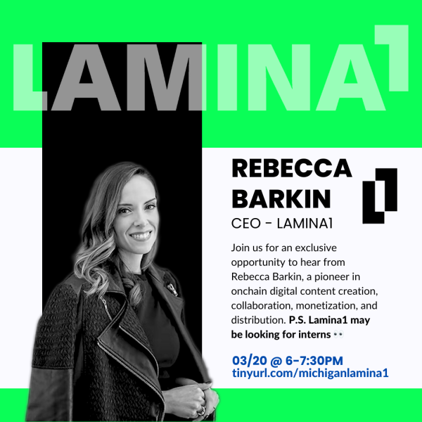 Photograph of Rebecca Barkin, CEO of Lamina1, with an invitation for students to attend a virtual speaker session
