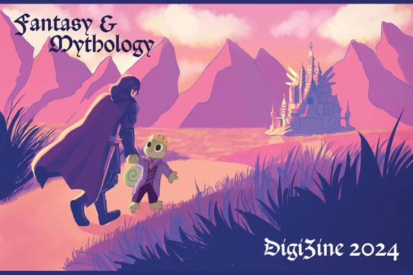 Fantasy and Mythology, Digizine 2024, with two characters and a castle in the background. Created by Anna Jain, DigiPaint president.