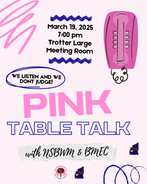 A pink cartoon phone with pink and blue text reading "pink table talk", along with cartoon zig zags and scribbles on a pink background. In a blue circle is the phrase "we listen and we don't judge."