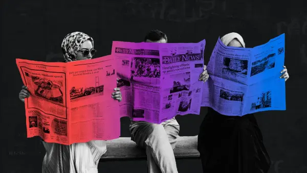 A photo of three people sitting on a bench reading newspapers.