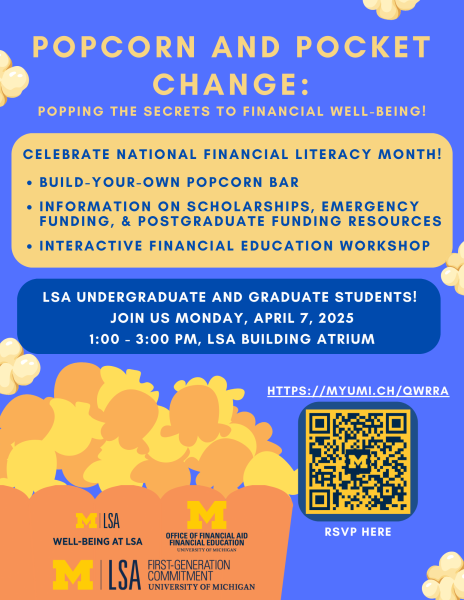Flyer with blue background, orange popcorn box bottom left over flowing with yellow and orange kernels. Details as described.