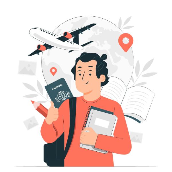 Illustration of student holding books and passport