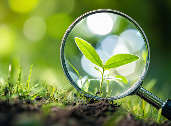 Magnifying glass outside and held to plant that is shown enlarged in the circle view of the glass