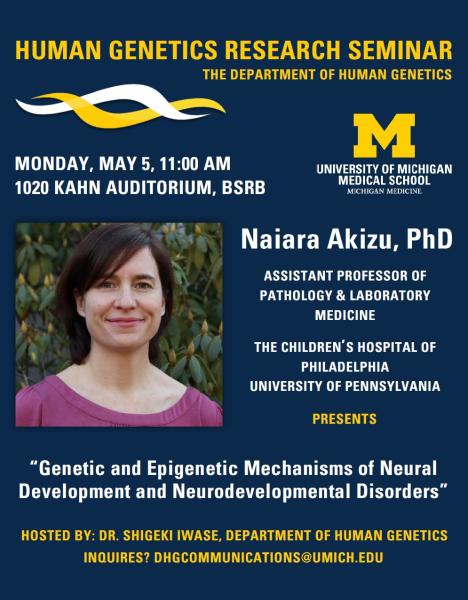 Flyer with text of seminar location and details and photo of speaker who is a woman with dark brown hair