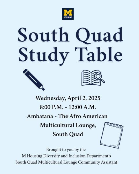 Blue background with study supplies advertising a study night on April 2nd at  8:00 PM to 12:00 AM.