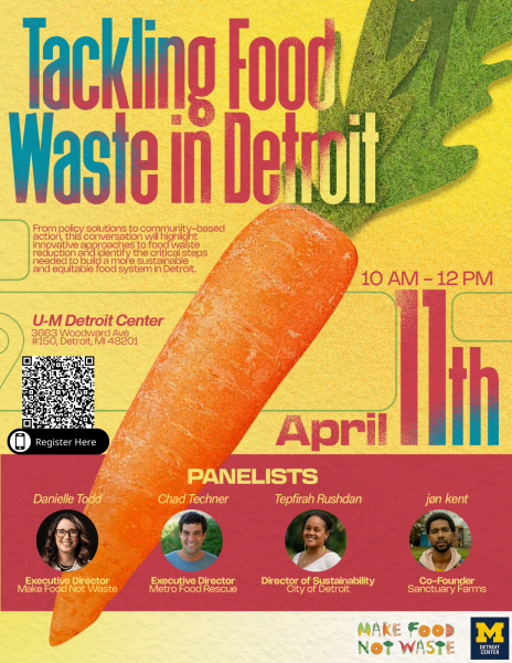 An oversized carrot against a yellow background and four individual headshots of the event panelists.