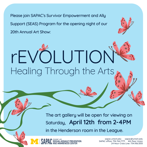 Flier with butterflies on outstretched branches. Text reads revolution: healing through the arts.