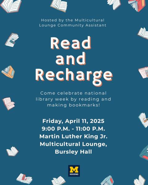 Blue background with books on the border advertising a read and recharge night in Bursley.