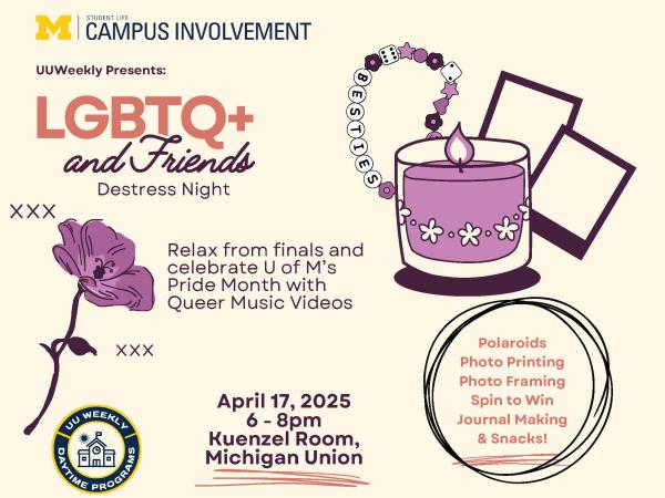 Purple flower, purple candle, friendship bracelets, and polaroid pictures.