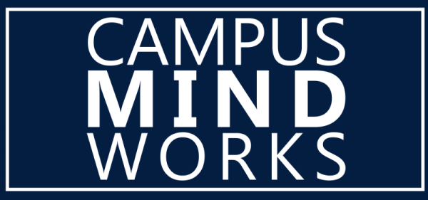 A blue rectangle with white lettering that states Campus Mind Works.