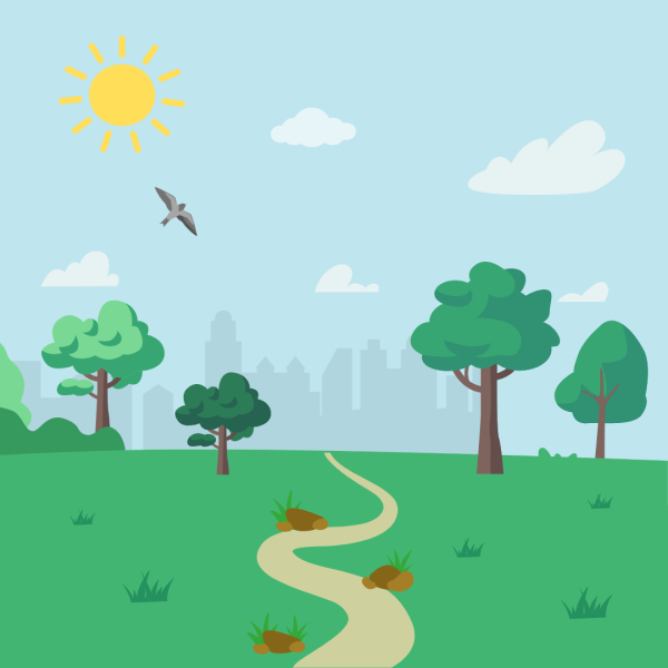 A park has a trail leading away from the viewer, and towards a skyline in the distance. The park is covered in grass and has trees around the trail.